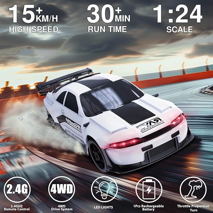 RC Drift Car 1:24 Remote Control Car 4WD 15KM/H High Speed Racing Sport Car with LED Lights RC Cars Toy for Kids Boys Girls Adults Gifts Birthday Christmas Rechargeable Batteries