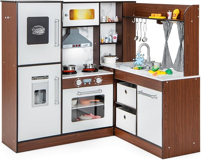 INFANS Corner Kids Kitchen Playset, Ultimate Wooden Pretend Cooking Toy Set with Real Running Water Circulation Light Sound Stove Storage Cabinet, Simulation Play Kitchen Gift for Girls Boys