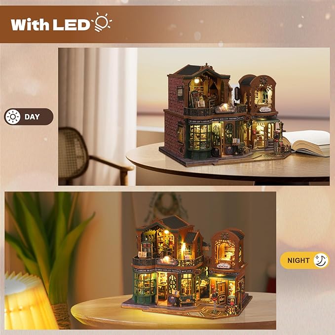 DIY Miniature House Kit, Mini 3D Wooden Books Shop Building Kit, Tiny Dollhouse Kit with Dustproof Cover & Music Movement, Creative Handmade House Craft, Gift for Adults Teens Family Friends