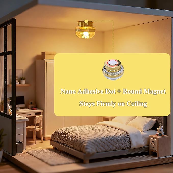 2 pcs 1:12 Scale Miniature Dollhouse Ceiling Lights, Mini Gold Led Battery Operated for Doll House Decoration Accessories