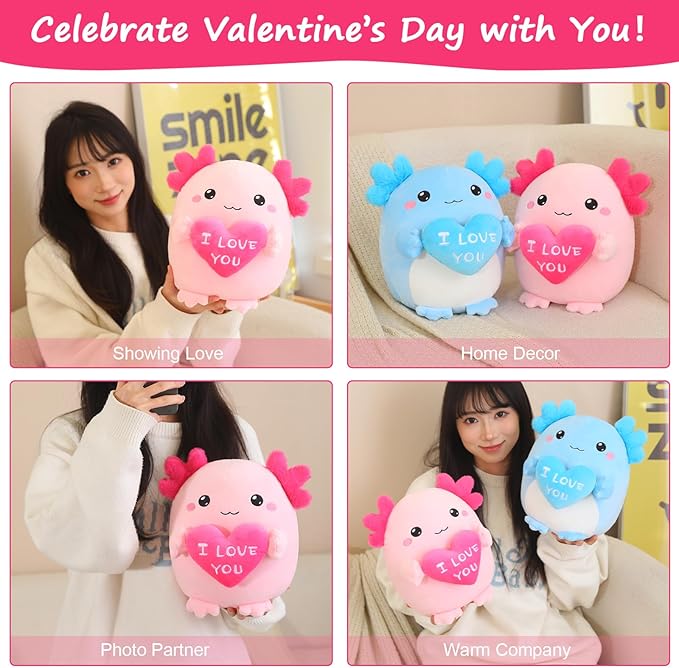 Axolotl Stuffed Animal, Loving Axolotl Plush Toys with Holding Heart I Love You for Valentine's Day, Sweet Romantic Anniversary Birthday Gift for Girlfriend/Boyfriend(Pink,10 inch)