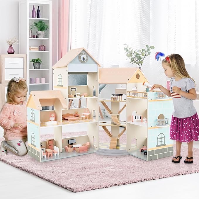 Costzon Wooden Dollhouse for Kids, DIY Pretend Dollhouse Playset w/ 41 Pieces of Furniture & Accessories, 7 Rooms, Balcony Patio & Garage, Corner 3-Story Luxury Doll House, Gift for Kids 3+ Years
