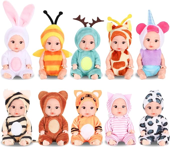 10 Pcs 4 Inch Mini Baby Dolls Playset Lifelike Realistic Baby Dolls with Handmade Animal Clothes Cute Small Baby Doll Gifts Set for Toddlers Girls Kids 3+