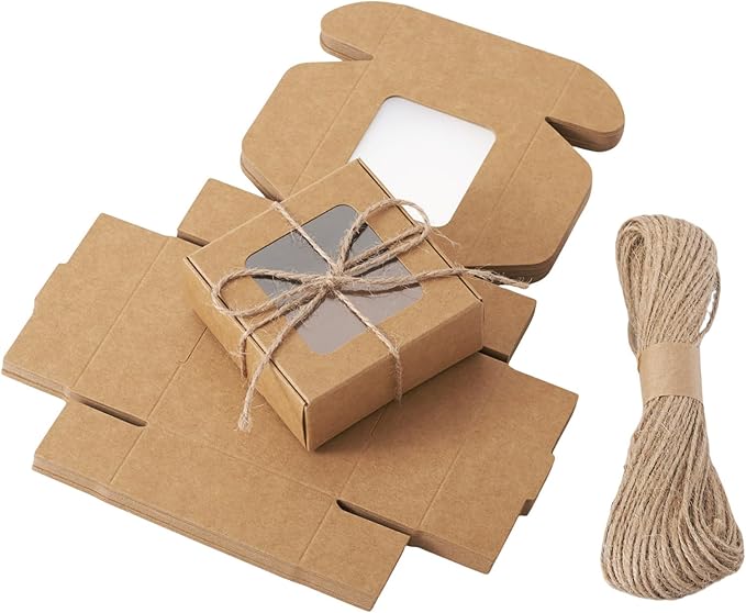 Craftdady 20pcs Small Square Brown Gift Boxes Party Favors Crafts Box with Jute String Folding Packing Boxes with Visible Window for Birthday Christmas Weddings 2.7"x2.58"x1.18"