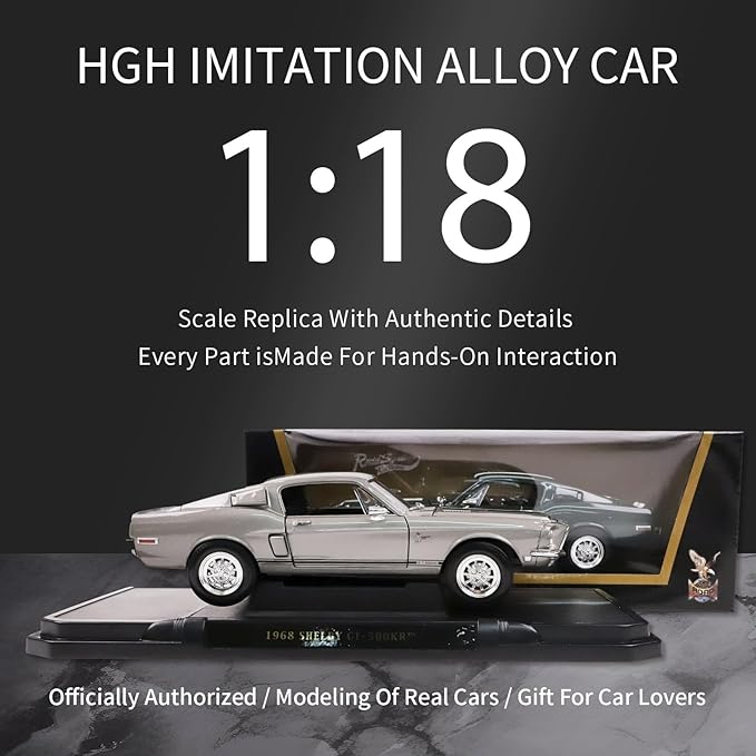 Shelby 1968 GT-500KR 1:18 Diecast Model Car - King of The Road, Opening Doors, Steering Linkage | Premium Gift Box, Man Cave Decor | Ages 14+,Gray