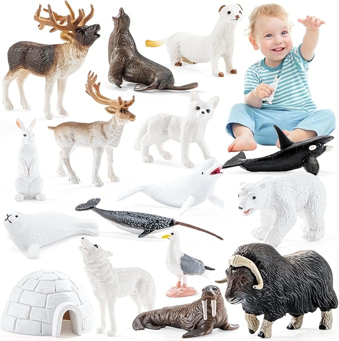 16PCS Mini Arctic Animals Figurines Toys, Winter Polar Animals Toys for Kids Include Polar Bear, Caribou, Orca, Wolf Figurines Cake Toppers Birthday Gifts for Preschool Kids