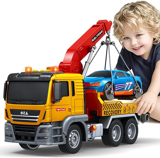 Kids Toys for 3 4 5 6 7 Years Old Boys, Large Tow Truck Toy, Friction Powered Transport Truck Crane Vehicle Toy with Lights and Sounds, Racing Car, Birthday Gifts for Boys Girls