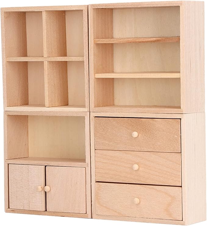 4 Pcs 1/12 Doll House Cabinet Set Simple Design Practical Lifelike Miniature Wooden Dollhouse Furniture Cabinet