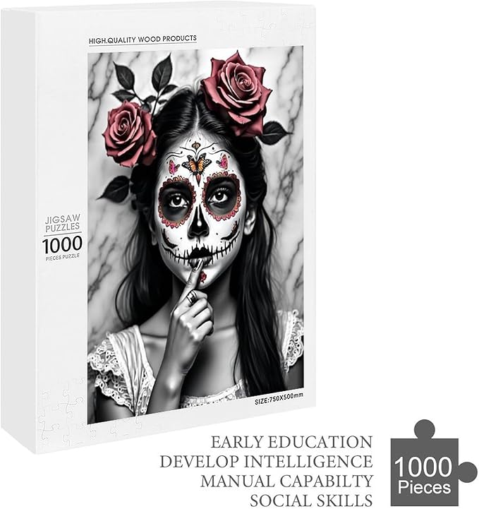 Jigsaw Puzzles for Adults 1000 Piece - Gorgeous Sugar Skull Lady Day of The Dead Wooden Puzzle, Puzzle Games,Stress Relief Games,Funny Puzzles，Unique Gifts for Wall Art，Family Puzzles