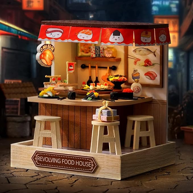 TuKIIE DIY Miniature Dollhouse Kit with Furniture, 1:24 Scale Creative Room Mini Wooden Christmas Doll House Plus Dust Proof for Kids Teens Adults(Revolving Food House)