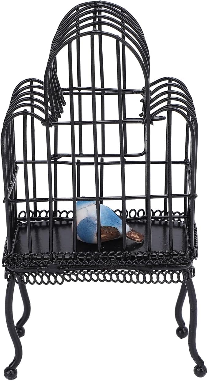 1:12 Scale Dollhouse Bird Cage Metal Miniature Bird Cage Realistic Opening Door Miniature Dollhouse Bird Cage with Fake Grass Bird Sticker (Black)