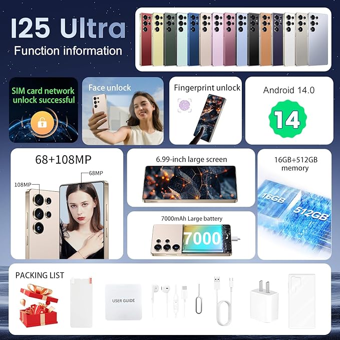 BDWJW I25 Ultra Smartphone 16GB+512GB Android 14 Smartphone, 6.99" FHD+ Display, 7000mAh Battery, 108MP+68MP Dual Camera, Built-in Pen Stylus, Fast Performance Large Memory (Desert Titanium)