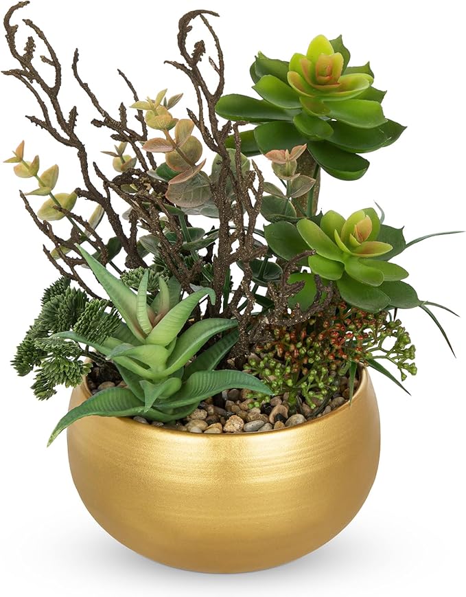 DILATATA Artificial Succulent Plants in Gold Pot Faux Succulent Arrangement Fake Potted Plants with Pebbles for Home Office Desk Shelf Table Decor