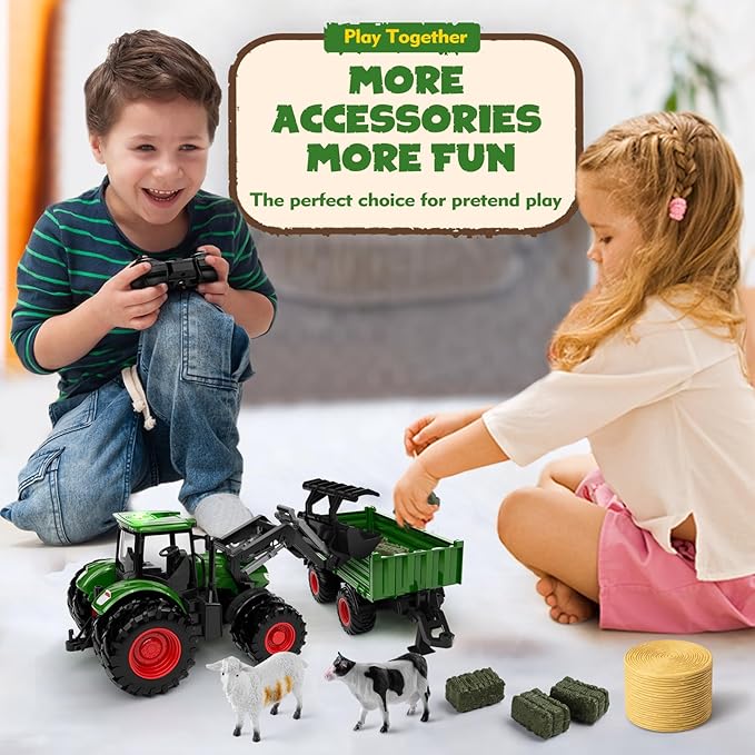 Remote Control Tractor Toy with Trailer | Metal Front & Front Loader Farm Vehicle Set with Lights & 8-Wheel Design, RC Tractor Truck for Boys & Girls Ages 3-9, Fun Farm Toy Gift for Toddlers & Kids