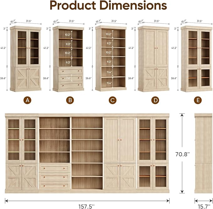 70.8" Tall Farmhouse Bookshelf, Modular Bookcase with Glass Doors, 6-Tier Adjustable Shelves, Large Storage Cabinet for Kitchen, Living Room, Brown, Set of 3