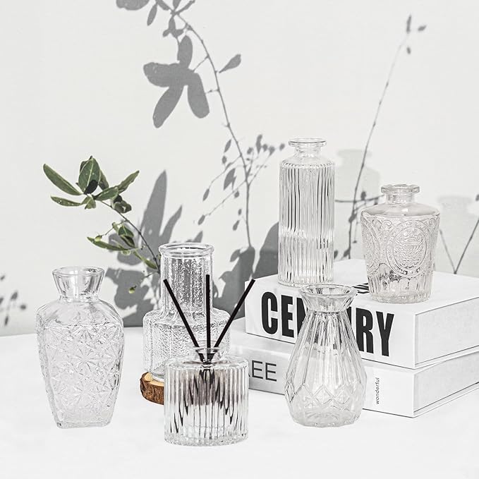 6Pcs Glass Bud Vase Set,Small Flower Vase for Tables Centerpieces Decor, Mini Vintage Clear Vase for Home,Wedding,Party Decorations
