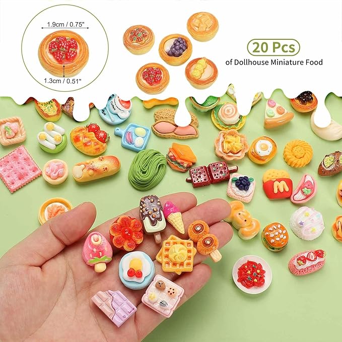 Dollhouse Miniature Food, Cute Mixed Fruit Desserts Figures Toys Mini Resin Foods Trinkets for Pretend Play Kitchen Cooking Game & Doll House Decor (Mixing Colors, 20pcs)