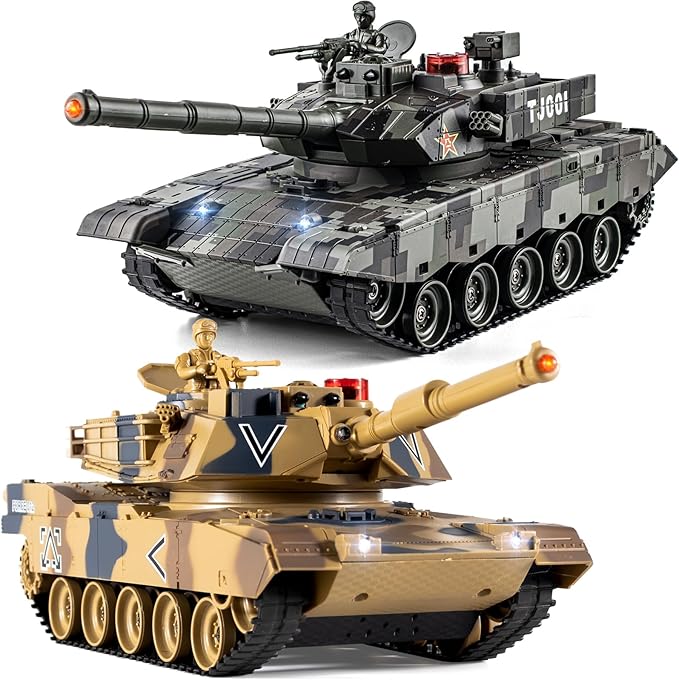 1/24 RC Battle Tank Set, Remote Control US M1A2 Abrams and Chinese Type 99 Model Tank That Shoots for Kids and Adults, 2.4G Army Toy for Boys Age 6+ Year Old with Sound, Lights and Smoke