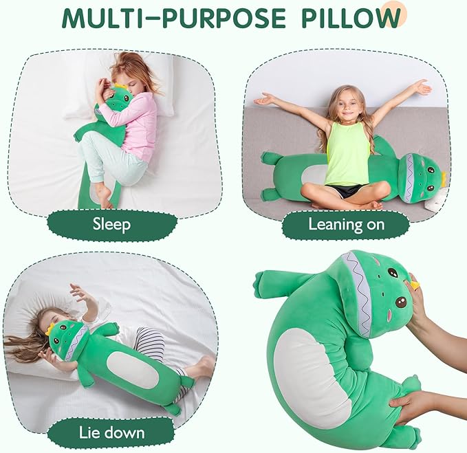 36” Large Dinosaur Plush Long Pillow, Cute Green Extra Dinosaur Stuffed Animals, Big Soft Body Pillow Squishy Plushies Toy, Gifts for Kids Boys Girls, Birthdays, Halloween, Christmas