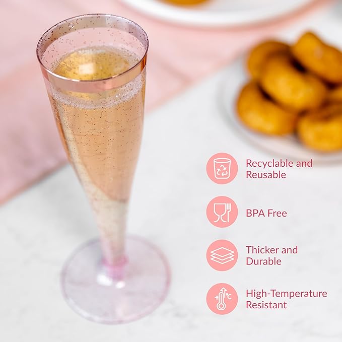 Prestee Set of 24 Plastic Champagne Flutes Disposable - Silver Glitter Pink Champagne Glasses with Rose Gold Rim, Elegant Toasting Cups for Weddings, Cocktail Parties, New Year's Celebrations