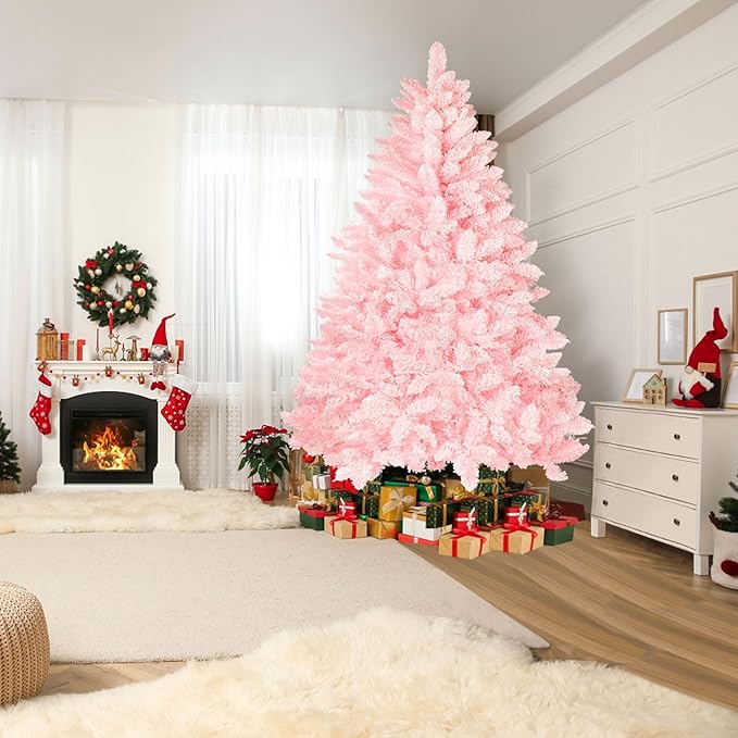 Incbruce 6ft Artificial Christmas Tree, Xmas Tree with 1,000 Branch Tips, Flocked Christmas Tree with Metal Stable Stand Base for Indoor and Outdoor Holiday Decoration(Pink)