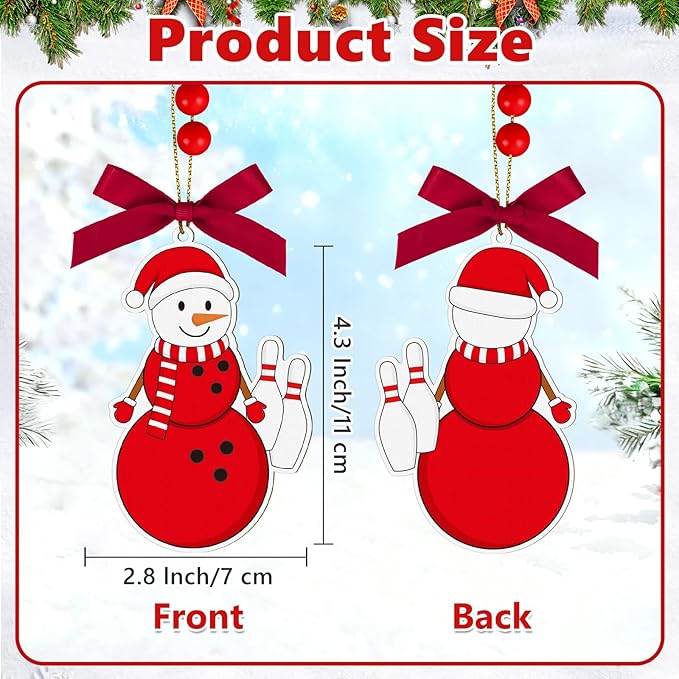 4.3 Inches Snowman Bowling Christmas Ornament, Wooden Bowling Snowman Tree Ornament Hanging Decoration for Rearview Mirror, Window, Eaves, Fireplace and Home Holiday Party Decor