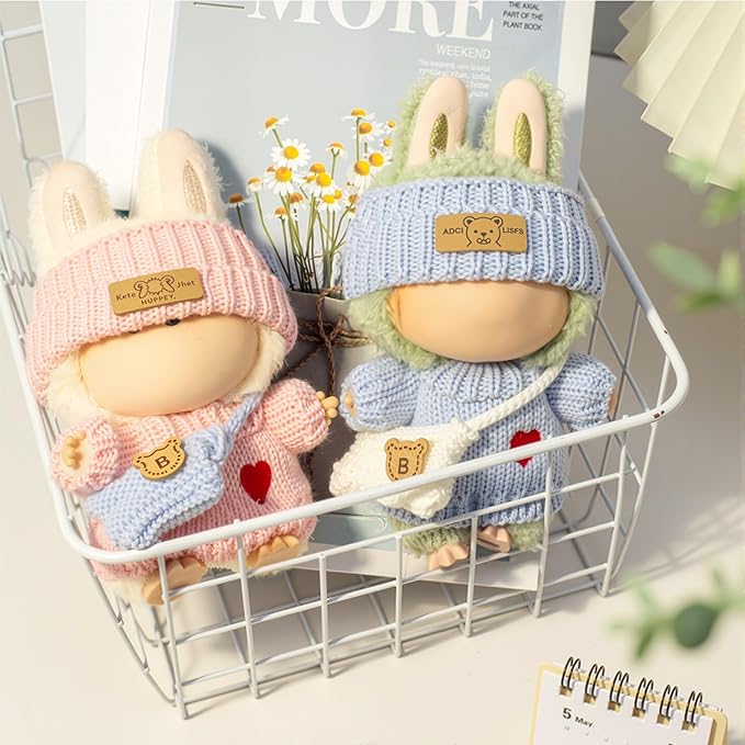 Clothes for LABUBU Doll (NO Doll), 3-Piece Handcrafted Crochet Accessories for LABUBU 17cm Dolls, Premium Outfits for LABUBU Unique Dress up - Heart Sweater + Hat + Bag (Pink)
