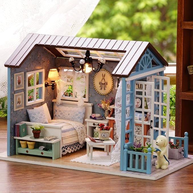 DIY Miniature Dollhouse Kits - Wooden Mini Model House with LED Lights, Tiny Furniture & Accessories – Craft Building Kits for Adults – Birthday Christmas Valentine's Gift- Blue Times