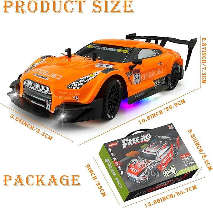 1:16 Spray RC Drift Car for Kids 4WD 2.4GHz 40KM/H High Speed Remote Control Car with LED Lights Drifting Tires & 2 Batteries, Racing Sport Toy for Boys Girls (Orange)