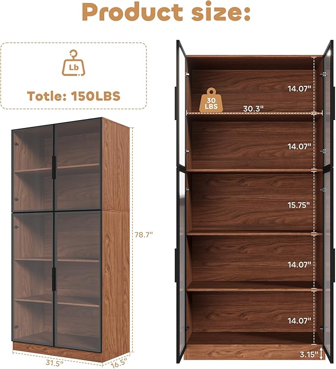 Modern Display Storage Cabinet with LED Lights, Glass Door Tall Showcase with 5-Tier Shelves for Collectibles, Books, Wine, Curio Cabinet for Home Office Living Room Bedroom, Walnut