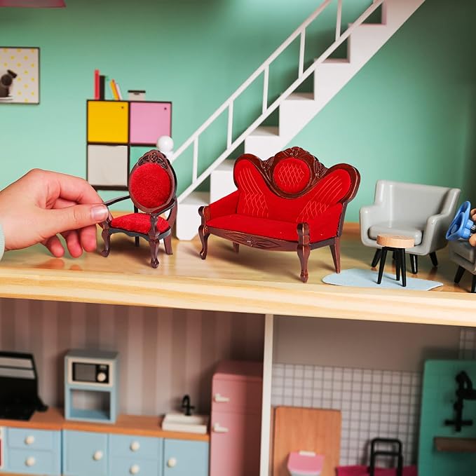 5 Pcs 1:12 Miniature Dollhouse Furniture, Include Vintage Red Wooden Carved Sofa Couch 4 Pcs Wooden Carved Single Sofa Chairs Retro Red Armchairs for Living Room Bedroom Kitchen Birthday Decoration