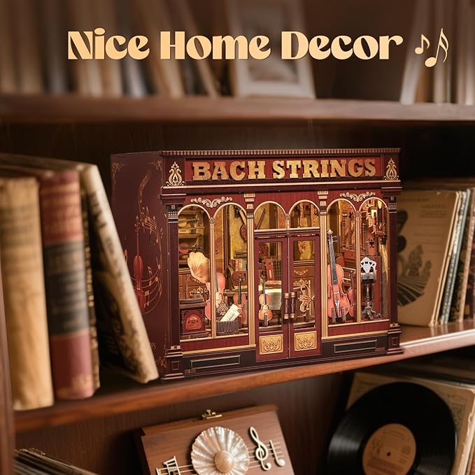 Cutefun Book Nook Kit - DIY Miniature Dollhouse Booknook Kits for Adults Teens, Musical Instrument Shop 3D Wooden Puzzle Bookend Bookshelf with LED Light, Gifts for Family and Friends (Bach Strings)