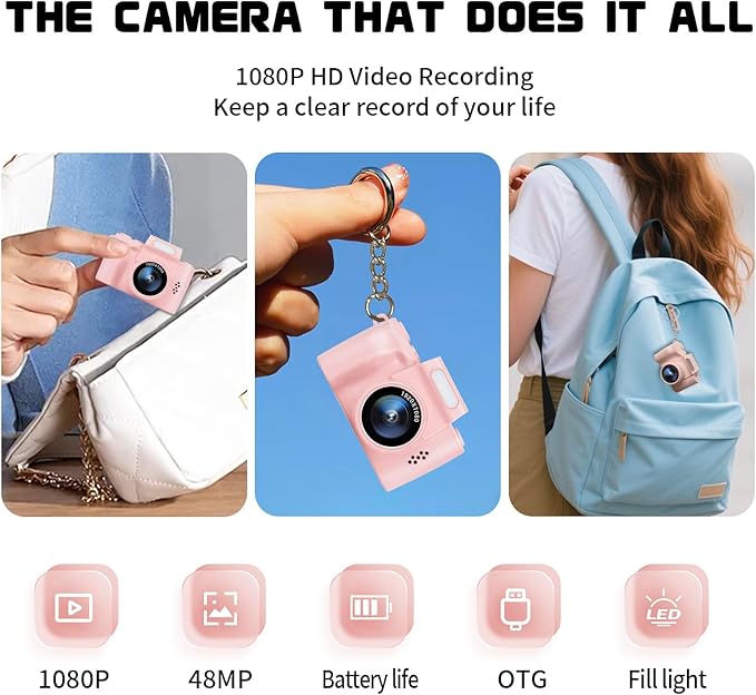 Mini Keychain Camera, FHD 1080p 48MP Mini Digital Camera with 1.3" HD Display & LED Light, 32GB SD Card Included - Fun for Kids & Adults, Collectible Gift for Travel, Birthdays & Stocking Stuffers