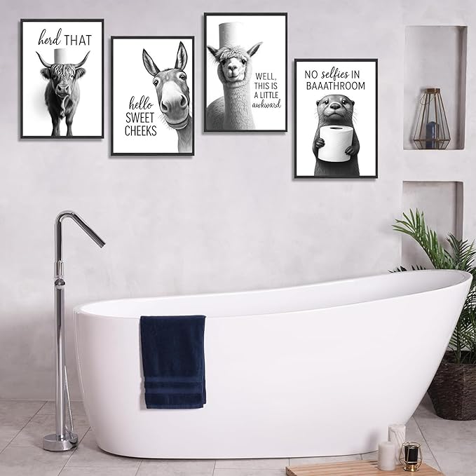 Funny Bathroom Wall Art Set of 4 Black and White Bathroom Wall Decor Toilet Paper Pictures Cute Humorous Animal Posters Prints Toilet Signs Painting Artwork Decoration 8x10in Unframed