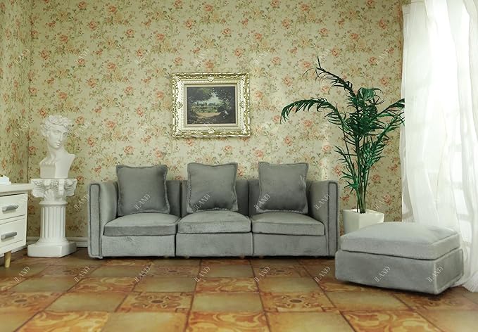 iLAND Dollhouse Furniture Miniature Sectional Couch Set Fit 1/12 Scale Accessories for Doll House Décor and 3 to 6 inches Doll Figure, Modern Light Grey Velvet Sofa Elegant & Classic