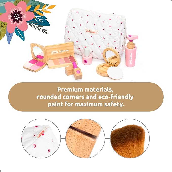UMU® Wooden Pretend Makeup Kit for Toddlers – Realistic Toy Beauty Set for Girls with Lipstick, Mirror, Perfume, Powder & Cosmetic Bag – Play Makeup for Kids Ages 3 4 5 6