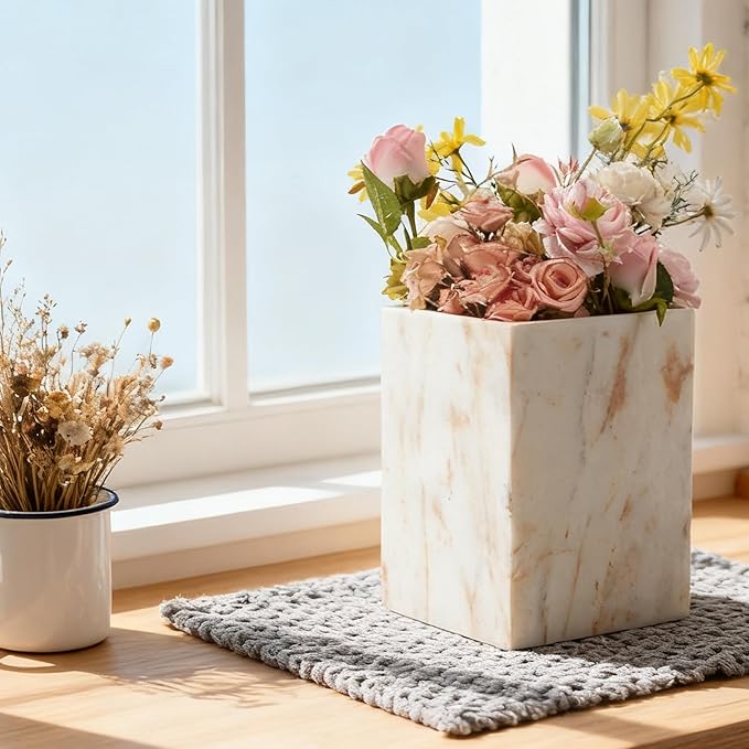 Elegant White Gold Marble Wastebasket Trash Can, 7" X 7" X 9" Rectangular Trash Can with Natural Veining, Marble Basket for Bathroom, Bedroom, Powder Room