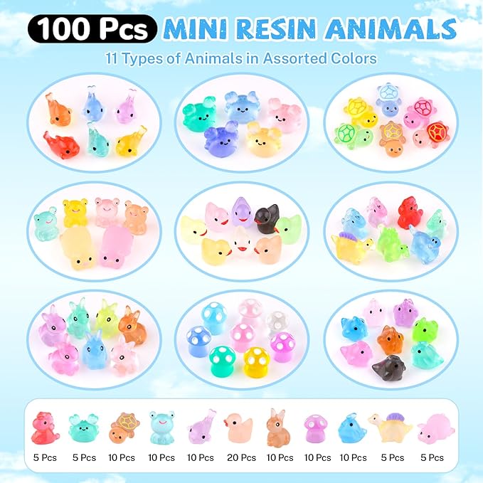 100PCS Mini Resin Animals Tiny Cute Figurines Glow in Dark, Miniature Figures to Hide, Little Animal Small Accessories for Topper Desk Garden Dollhouse Landscape Aquarium Ornaments Crafts & Decor