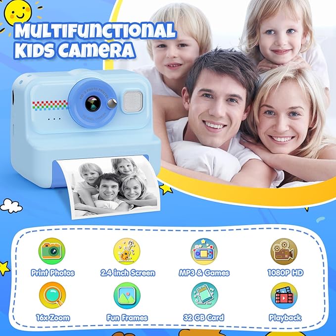 Kids Camera Instant Print, 1080P HD Instant Print Camera for Kids with 3 Rolls Print Paper & 32GB Card, Selfie Digital Camera for Kid, Ideal Kid Toys Gifts for Boys & Girls Age 3-14 (Blue)