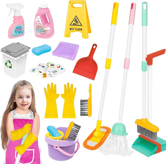 deAO Kids Cleaning Set 17 Pcs,Toy Cleaning Set Includes Broom,Mop,Brush,Dust Pan,Duster,Sponge,Clothes,Spray, Bucket, Caution Sign,Pretend Housekeeping Play Set