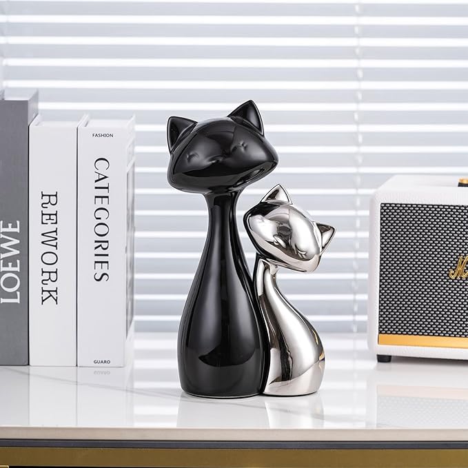 SURE YUESI Ceramic Cat Statue Set, Black & Silver Cute Home Decor Figurines, Lucky Cats Desk Accessories for Cat Lovers, Memorial Cats Themed, Modern Collectible Decor for Bookshelf, Living Room