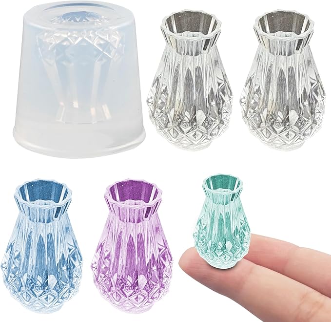 Mini Fancy Vase Resin Silicone Molds 3D Simulation Miniature Retro Diamond Vase Epoxy Casting Molds for DIY Micro Resin Dollhouse Fairy Garden Landscape Tiny Things Display Decor
