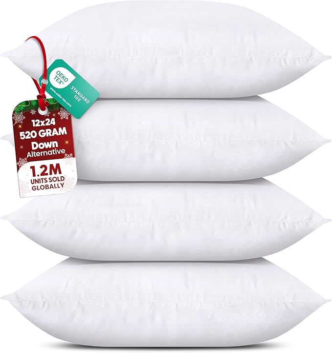 Utopia Bedding Throw Pillows (Set of 4, White) – 12 x 24 Inches Down Alternative Pillows for Bed, Sofa, and Couch - Fluffy Decorative Stuffer Pillow for Indoors & Outdoors
