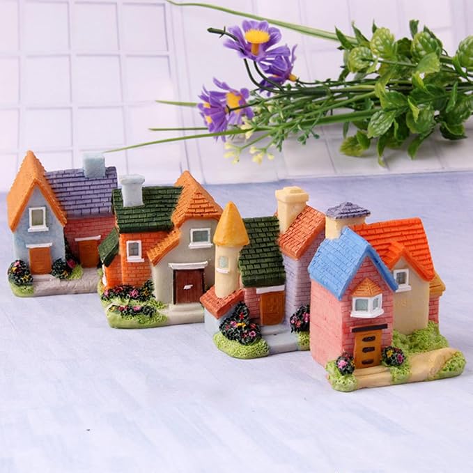 Avtytsda Resin Miniature House 4PCS Miniature House Fairy Gardening Micro Landscape Village Stone House Bonsai Terrarium Crafts Ornaments Accessories Home Decoration (B)