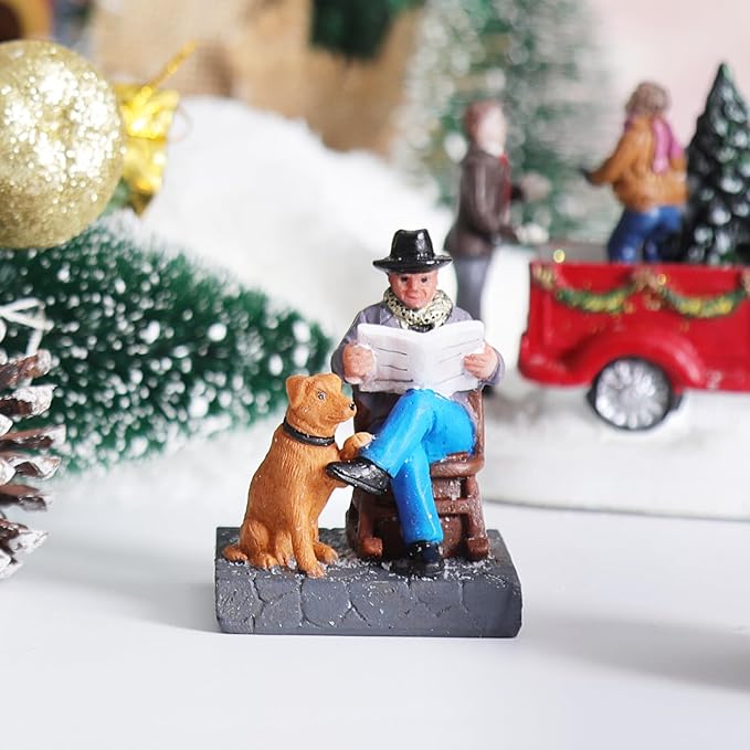 Christmas Village Accessories Ornaments Resin Christmas Village Sets Decoration for Xmas Festival Holiday (Reading with a Dog)
