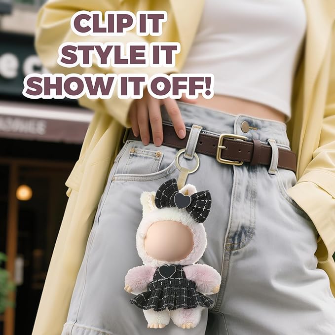 Clothes for LABUBU Doll (NO Doll), Luxury Chic Style 2-Piece Accessories for LABUBU 17cm Dolls, Premium Fashion Outfit - Bow Headdress + Plaid Tweed Dress (Black)