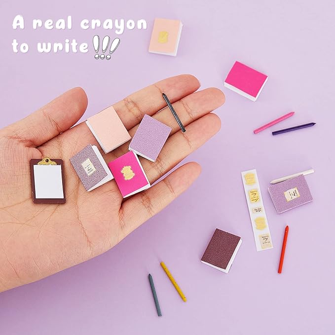 Sumind 4 Pieces Miniature Books with 8 Pcs Pencils and 2 Pcs Clipboards Mini House Decoration Accessories Coloring House Play Set for Miniature Room, DIY Crafting(Novel Style)
