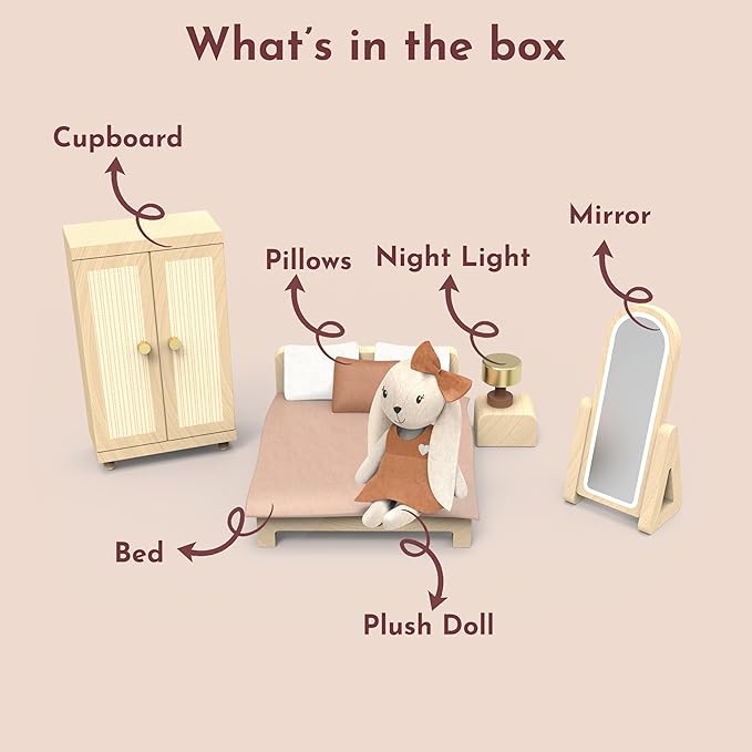 SPEEDY MONKEY Doll House Bedroom Playset – Wooden Playhouse with Bunny Character & Furnitures Set for Kids, Pretend Play Dollhouse and Imaginative Room Décor Storytelling for Toddlers & Preschoolers