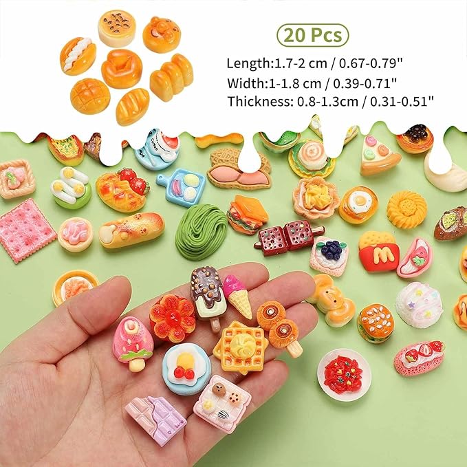 Dollhouse Miniature Food, Cute Mixed Toast Figures Toys Mini Resin Foods Trinkets for Pretend Play Kitchen Cooking Game & Doll House Decor (Mixing Colors, 20pcs)
