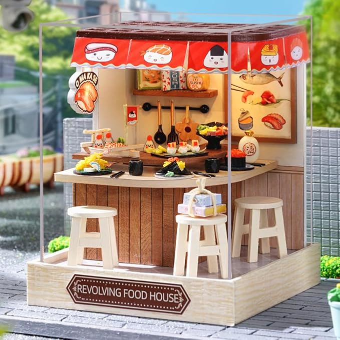 TuKIIE DIY Miniature Dollhouse Kit with Furniture, 1:24 Scale Creative Room Mini Wooden Christmas Doll House Plus Dust Proof for Kids Teens Adults(Revolving Food House)